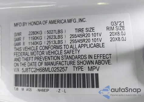 2021 Acura Rdx A-Spec Package z USA, uszkodzony, nr VIN 5J8TC2H68ML025257